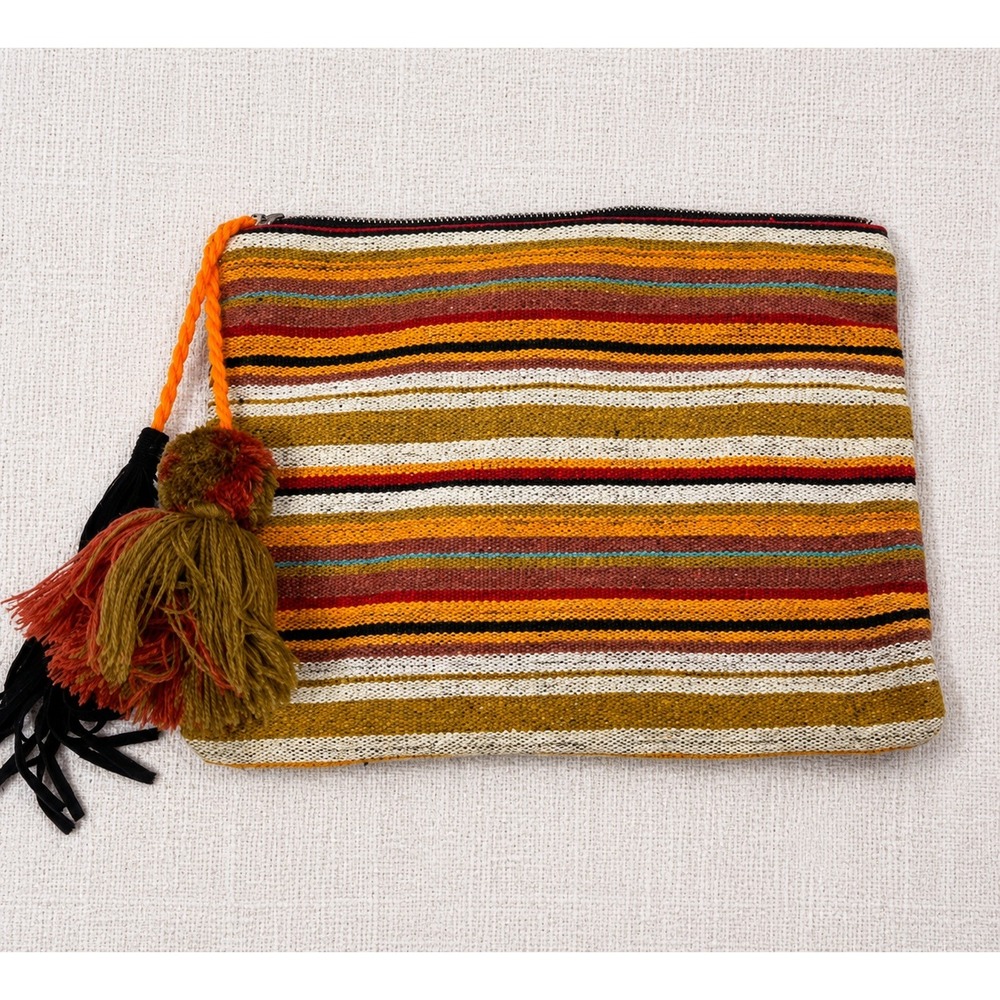 Bay Sky Zipper‎ Clutch Womens Multicolor Striped Boho Tassel Pom Pom Pouch